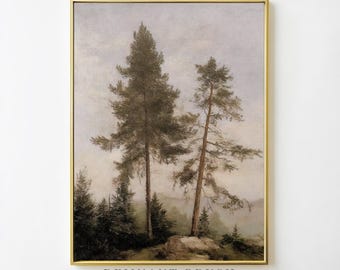 Vintage Pine Tree Forest Print | Moody Woodland Landscape Wall Art, Printable Rustic Decor for Nature-Inspired Home Digital Download