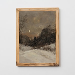 May include: A framed painting of a snowy landscape with a full moon in the sky. The painting is done in muted tones of brown, gray, and white.