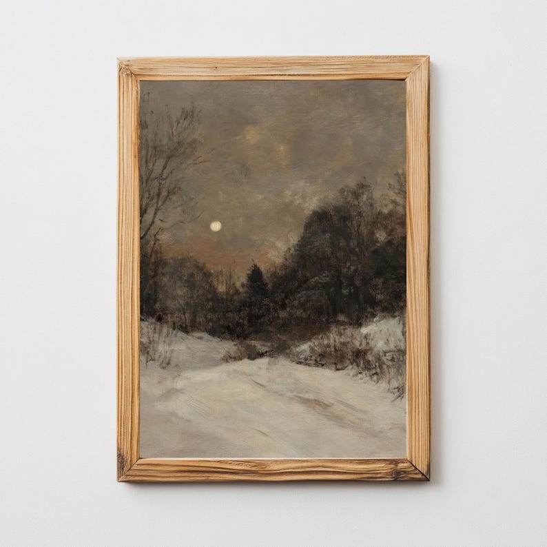 May include: A framed painting of a snowy landscape with a full moon in the sky. The painting is done in muted tones of brown, gray, and white.