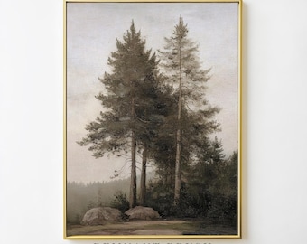 Tall Pine Tree Forest Print | Vintage Woodland Landscape Art PRINTABLE Moody Nature Wall Decor Rustic Country Digital Download