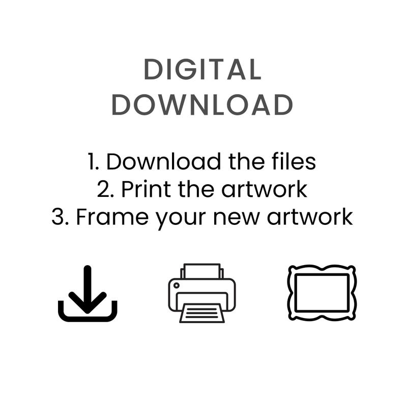 May include: Digital download instructions with icons for downloading, printing, and framing artwork.