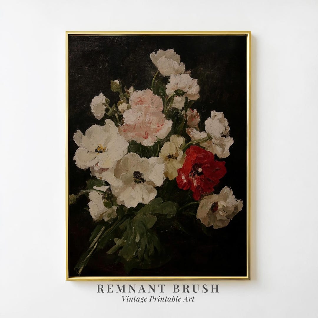 Moody Floral Still Life Art Print | Vintage Dark Flower Painting ...