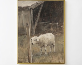 Boerderij schapen print | Rustiek vintage olieverfschilderij, antieke boerderijdieren muurkunst, humeurig landdecor, AFDRUKBAAR, digitale download kunstwerken