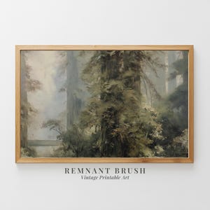 Stampa artistica di paesaggio boschivo vintage / foresta di sequoie nebbiosa, natura suggestiva, decorazione murale stampabile, download digitale