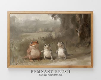 Vintage Frog Trio Painting | Whimsical Woodland Animal PRINTABLE Wall Art Cute Toads in Nature Scene Cottagecore Decor Digital Download