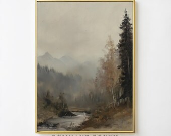 Mountain Stream Print | Vintage Forest Landscape Wall Art PRINTABLE Moody Nature Scene Rustic Decor Digital Download