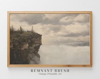 Foggy Cliffs | Moody Landscape Art Print, Vintage Oil Painting PRINTABLE Moody Wall Art, Rustic Nature Decor, Digital Download