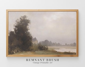 Campo Nebuloso com Casa de Campo | Paisagem Vintage Moody IMPRIMÍVEL Arte de Parede Rústica, Decoração de Natureza Neutra, Pintura Digital para Download