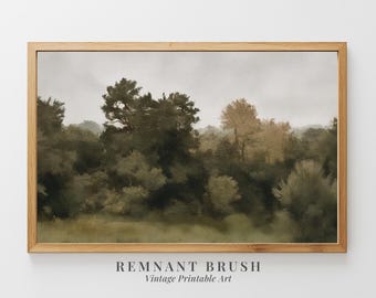 Dark Green Forest Landscape | Vintage Woodland Printable Art, Rustic Nature Painting, Moody Wall Decor, Digital Download Artwork