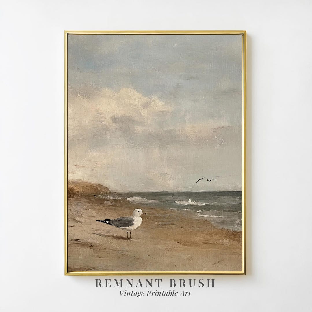 Vintage Seagull Beach Art Print | Coastal Landscape Beach Bird Painting ...