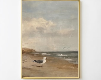 Vintage zeemeeuw strand kunstafdruk | Kustlandschap strand vogel schilderij AFDRUKBARE oceaan muur kunst beige decor digitale download