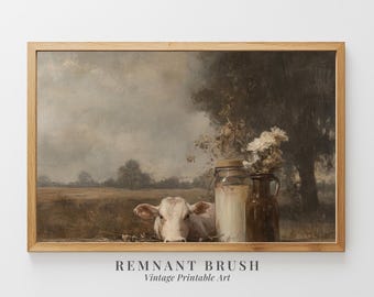 May include: A vintage painting of a white cow lying down in a field with two jars and white flowers in the foreground. The painting has a soft, muted color palette and a dreamy, nostalgic feel.