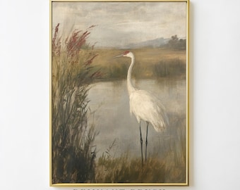 Vintage Crane Painting | Rustic Bird Art PRINTABLE Moody Nature Decor Marshland Wall Art Digital Download Antique Wildlife Artwork