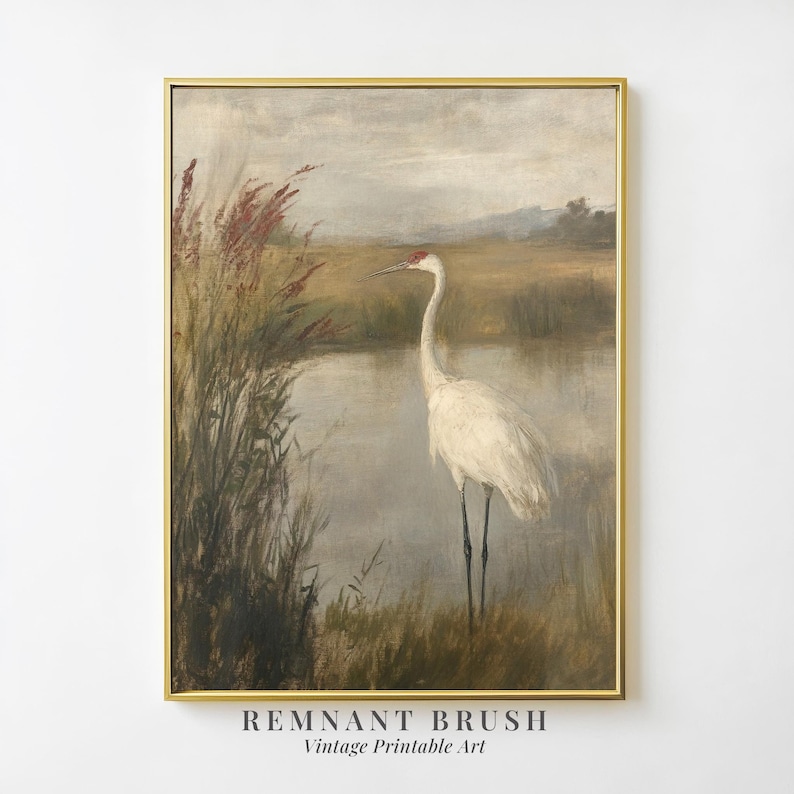 May include: A vintage painting depicting a white crane standing in a marsh with tall reeds. The crane has a long neck and a red spot on its head. The background is a soft, muted blue and green.