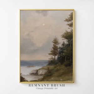 May include: A framed landscape painting with a gold frame. The artwork depicts a coastal scene with a rocky shoreline, ocean, and trees. The sky is cloudy with a soft, muted color palette. The text "REMANT BRUSH Vintage Printable Art" is at the bottom.