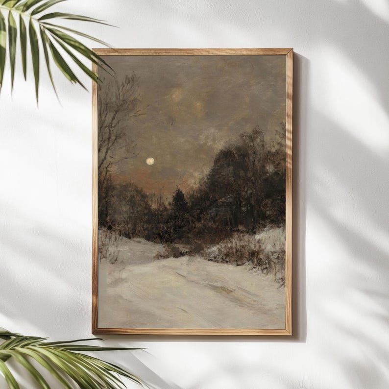May include: A painting of a snowy landscape with a full moon in the sky. The trees are bare and the snow is white. The painting is in a brown frame.