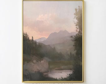 Impresión de escena de montaña vintage / Paisaje rústico Arte mural melancólico IMPRIMIBLE Decoración natural Pintura de lago forestal Obra de arte digital descargable