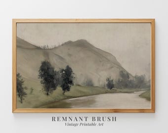 Muted River Hills Landscape Art Print | Vintage Minimalist Painting Nature Scene PRINTABLE Moody Country Decor Digital Download