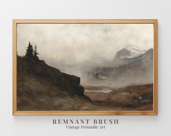 Misty Mountain Valley Art Print | Vintage Winter Landscape PRINTABLE Moody Nature Wall Art Rustic Cabin Decor Digital Download