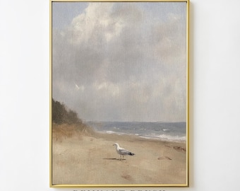 Vintage zeemeeuw op strandkunstprint | Afdrukbaar kustlandschap nautisch muurdecor humeurige oceaanscène digitale download