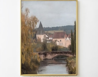 Impresión artística de un pueblo rural francés - Impresión artística de paisaje vintage / Pintura campestre francesa, descarga digital imprimible