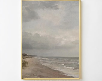 Stormy Coastal Beach Art Print | Vintage Seascape PRINTABLE Beige Wall Art Moody Coastal Decor Digital Download