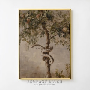 Puede incluir: Una impresión enmarcada de estilo vintage que presenta un árbol con hojas verdes y fruta, con una serpiente enrollada alrededor del tronco. La obra de arte tiene una paleta de colores apagados y el texto "REMNANT BRUSH Vintage Printable Art" en la parte inferior.