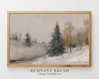 Puede incluir: Una pintura vintage de un paisaje invernal nevado con un alto árbol de hoja perenne en primer plano. La pintura está enmarcada en un marco de madera claro.