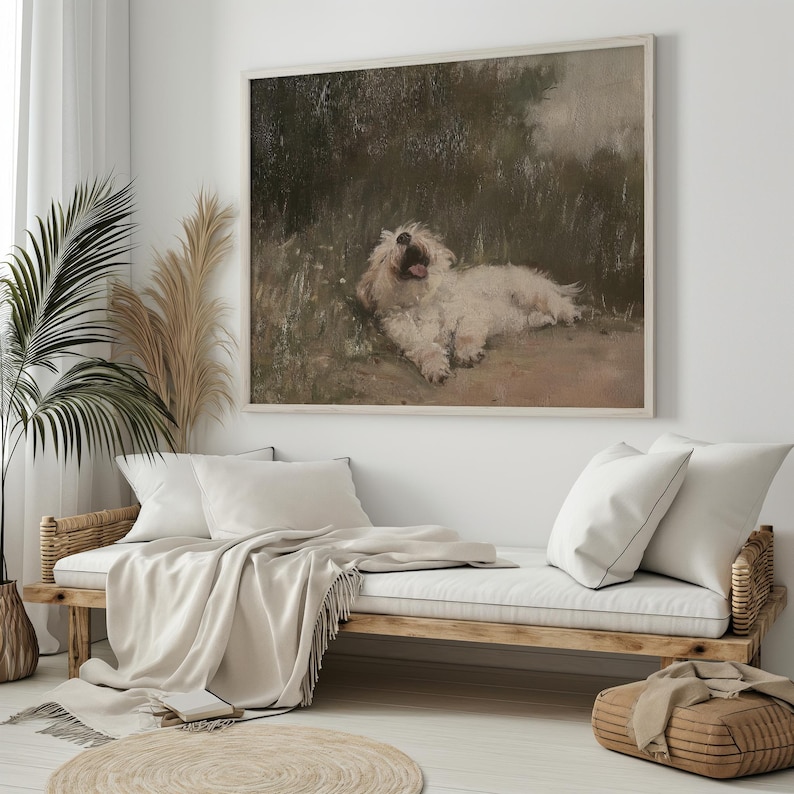 Vintage hund i fält konsttryck | Husdjursporträttmålning UTSKRIVBAR Beige väggkonst Cottagecore-dekor bondgårdstryck digital nedladdning bild 5