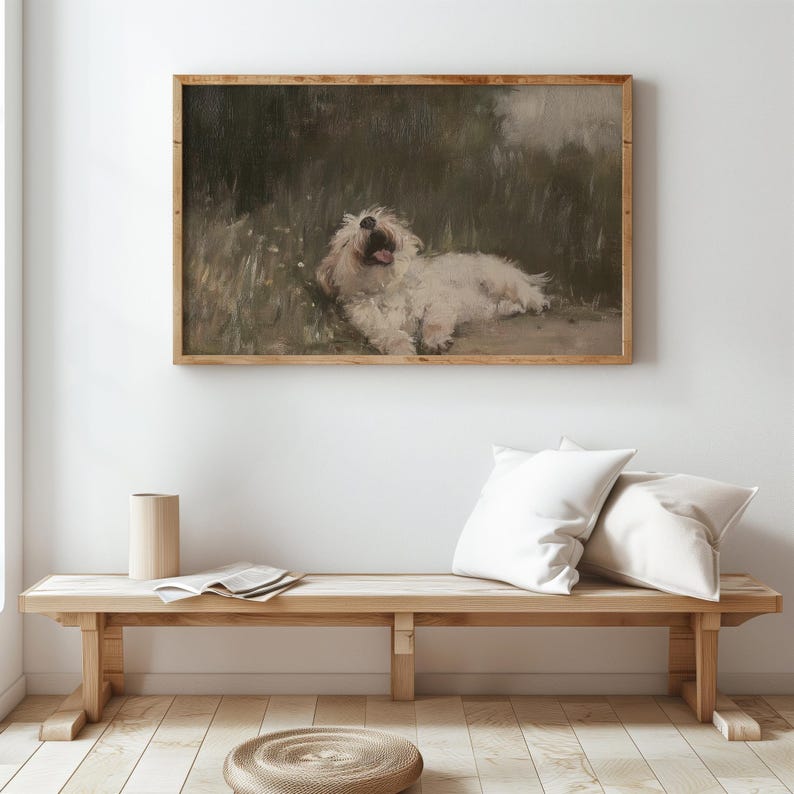 Vintage hund i fält konsttryck | Husdjursporträttmålning UTSKRIVBAR Beige väggkonst Cottagecore-dekor bondgårdstryck digital nedladdning bild 3