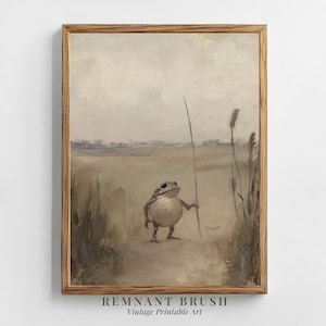 Könnte beinhalten: Eine Vintage-Illustration eines Frosches, der einen Stock in einem Feld mit hohem Gras hält. Der Frosch ist braun und weiß und hat einen großen, runden Körper. Der Hintergrund ist ein weiches, gedämpftes Braun und Beige.