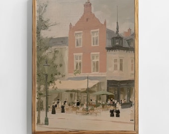 ヴィンテージフランスの街並みの絵画、アンティークな街並みの印刷可能