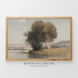 Vintage River Landscape PRINTABLE | Tranquil Nature Wall Art, Rustic Tree & Water Scene, Moody Country Decor, Digital Download Painting