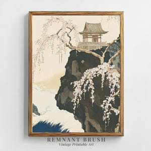 May include: A vintage Japanese woodblock print showing a traditional pagoda situated on a cliff overlooking a river. The pagoda is surrounded by a cherry blossom tree with delicate pink flowers.