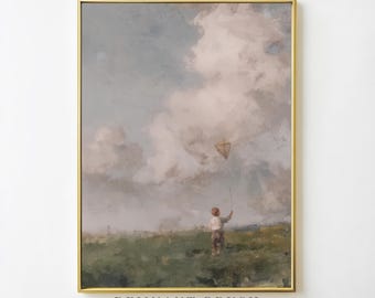 Dipinto vintage di un ragazzo con aquilone / Scena infantile stravagante STAMPABILE Arte murale nostalgica Decorazione naturale malinconica per cameretta dei bambini Download digitale