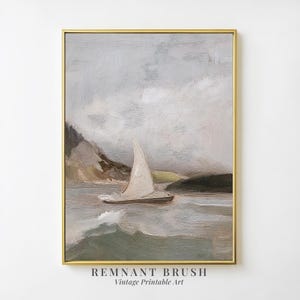 Abstraktes Segelboot auf Küstengewässern Kunstdruck | Vintage Nautische Seelandschaft DRUCKBARE Moody Wand Kunst Beige Küsten Dekor Digitaler Download