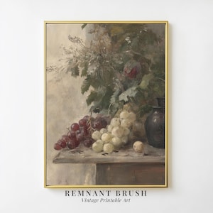 Vintage Still Life Grapes Painting | Rustic Kitchen Wall Art PRINTABLE Fruit Decor Moody Country Print Digital Download