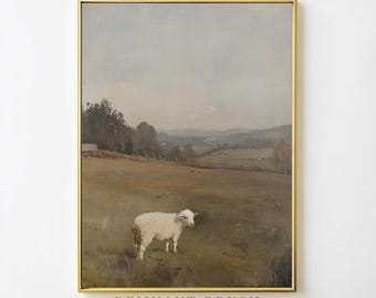 Vintage Schaf Wiese Kunstdruck | Land Landschaft DRUCKBARE rustikale Bauernhaus Wand Kunst Digital Download Pastoral Dekor