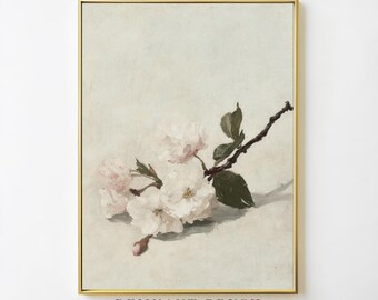 Vintage Cherry Blossom Print | Minimal Floral Wall Art PRINTABLE Botanical Still Life Spring Decor Soft White Flower Digital Download