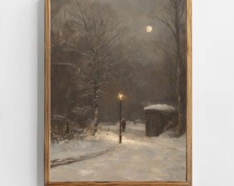 Winter Night Street Scene – Moody Snowy Landscape, Vintage Oil Painting, Dark Academia, PRINTABLE, Gothic Decor, Digital Download