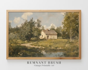 Huisje bij de vijver Art Print | Vintage zomer platteland landschap AFDRUKBARE natuur kunst aan de muur rustieke cabine decor digitale download artwork