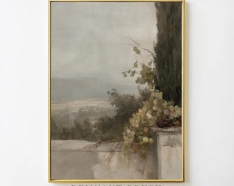 Puede incluir: Una pintura vintage de un paisaje con un muro de piedra y una vid con flores blancas. La pintura está en un marco dorado y tiene una paleta de colores apagados.