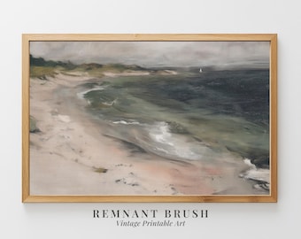 Coastal Beach Sailboat Print | Vintage Seascape Wall Art PRINTABLE Shoreline Painting Moody Ocean Shore Nautical Decor Digital Download