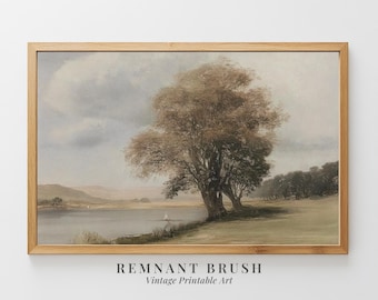 Impresión artística de árbol vintage junto al lago / Paisaje sereno IMPRIMIBLE Arte mural natural Decoración cottagecore melancólica Descarga digital Obra de arte