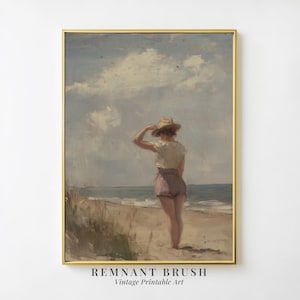 Dipinto vintage di donna in riva al mare / Arte della spiaggia costiera STAMPABILE Scena estiva dell&#39;oceano Stile retrò Decorazione murale nautica Download digitale