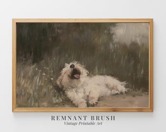Vintage Dog in Field Art Print | Pet Portrait Painting PRINTABLE Beige Wall Art Cottagecore Decor Farmhouse Print Digital Download