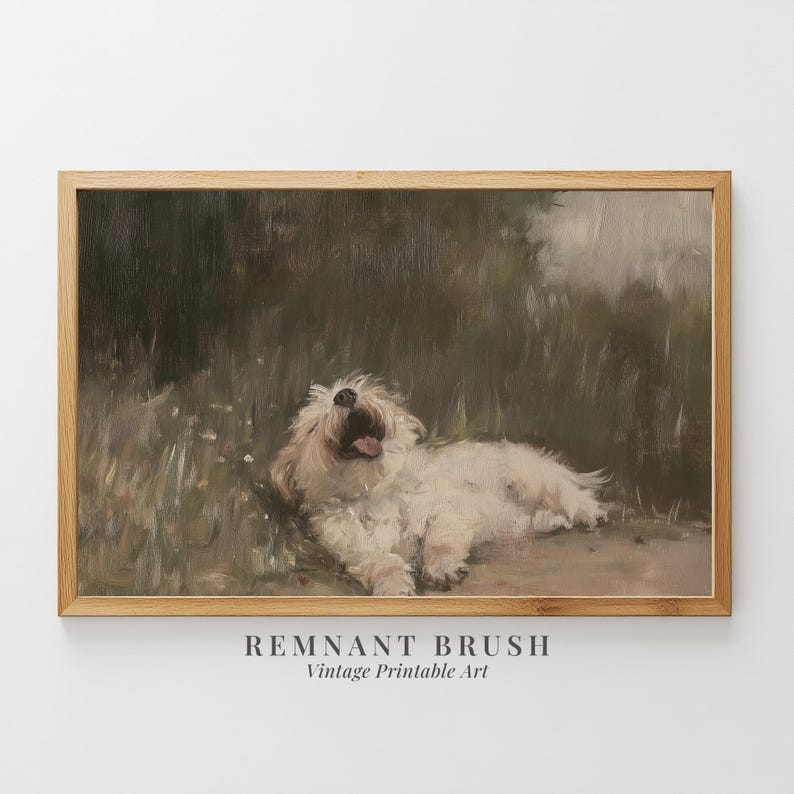 Vintage hund i fält konsttryck | Husdjursporträttmålning UTSKRIVBAR Beige väggkonst Cottagecore-dekor bondgårdstryck digital nedladdning bild 1