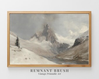 Snowy Mountain Landscape Printable | Vintage Winter Scene Art Moody Nature Wall Decor Rustic Alpine Artwork Digital Download