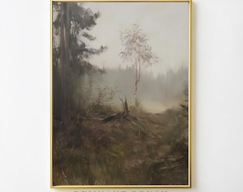 Woodland Clearing Painting Print | Vintage Forest Landscape Wall Art PRINTABLE Moody Nature Scene Rustic Decor Digital Download