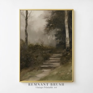 Misty Forest Steps Landscape Print | Vintage Woodland Path Wall Art PRINTABLE Moody Nature Scene Rustic Decor Digital Download